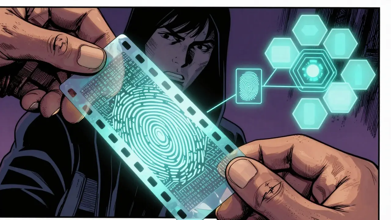 Forensic watermark reveals hidden tracking code in a film strip, Marvel comic style