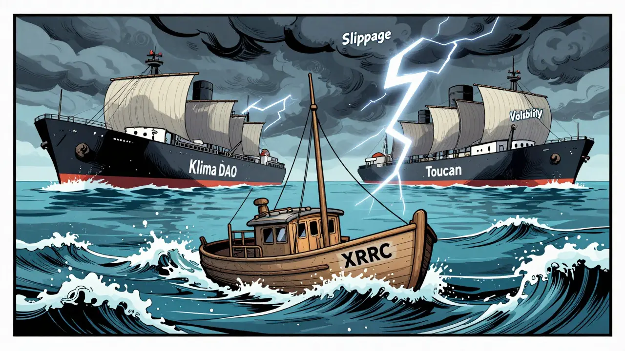 Fragile XRPC boat in storm vs stable ReFi ships in calm waters