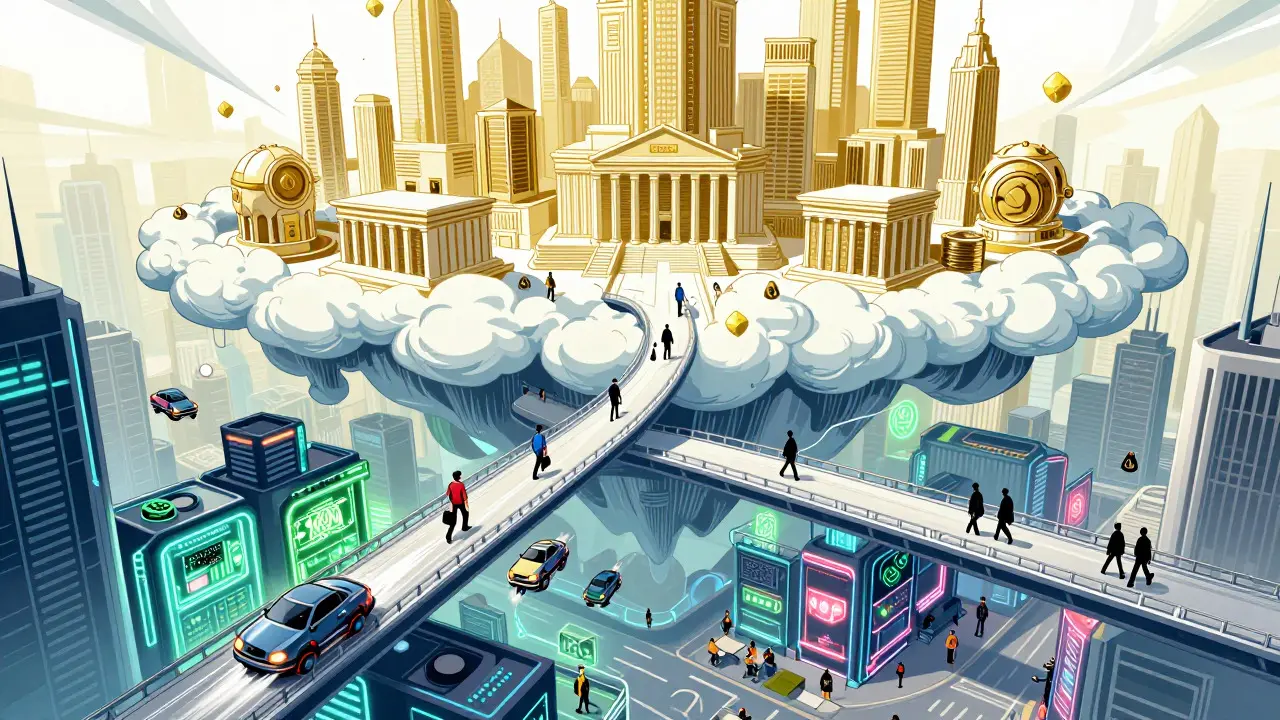 Futuristic city split into a fast lower district and a secure upper financial zone connected by a bridge