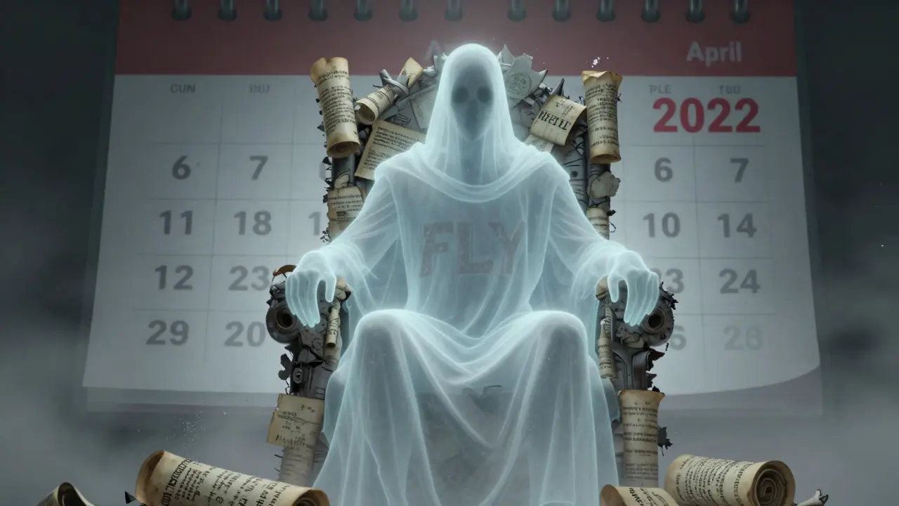 Ghostly figure on dusty throne representing abandoned FLY project