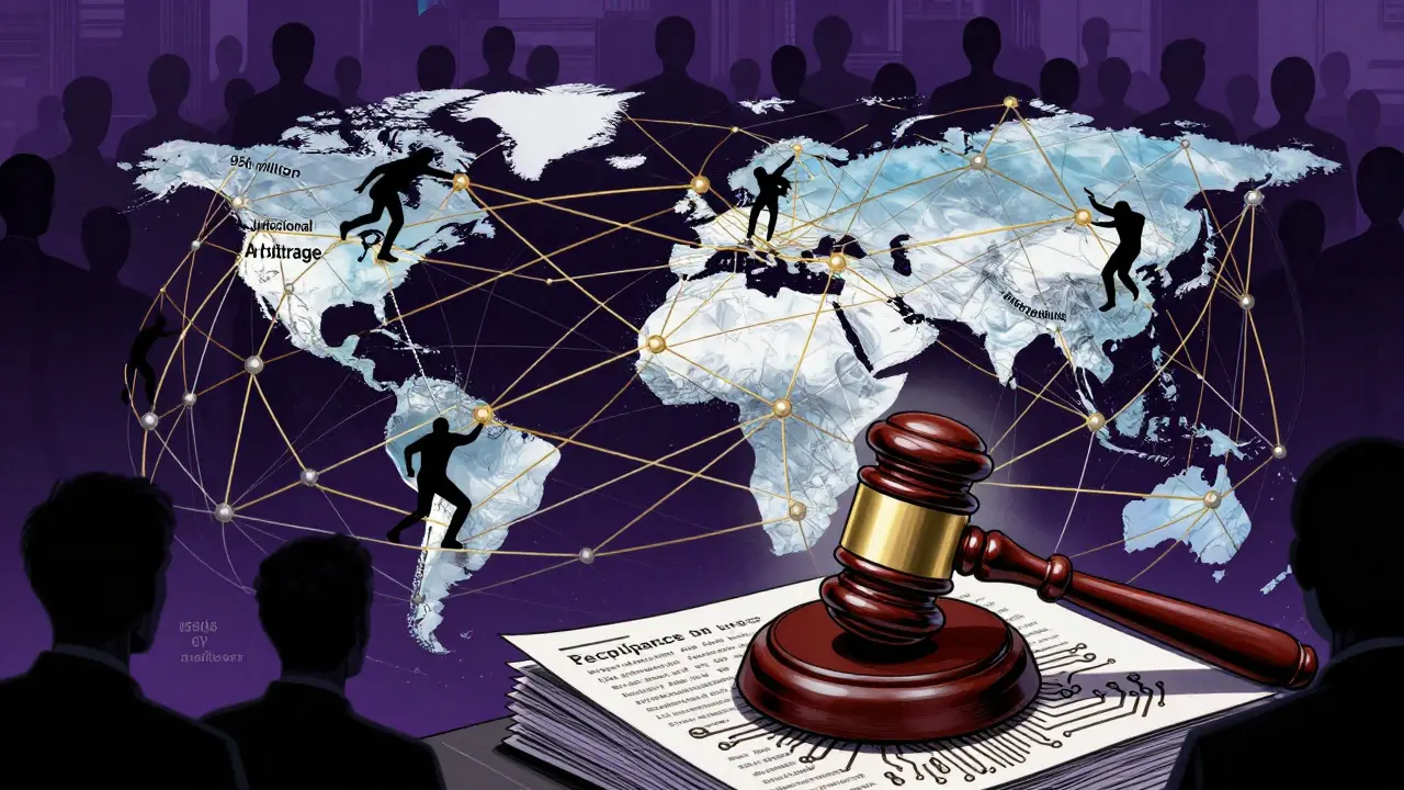 Global regulatory net tightening around crypto users with a giant circuit-board gavel.