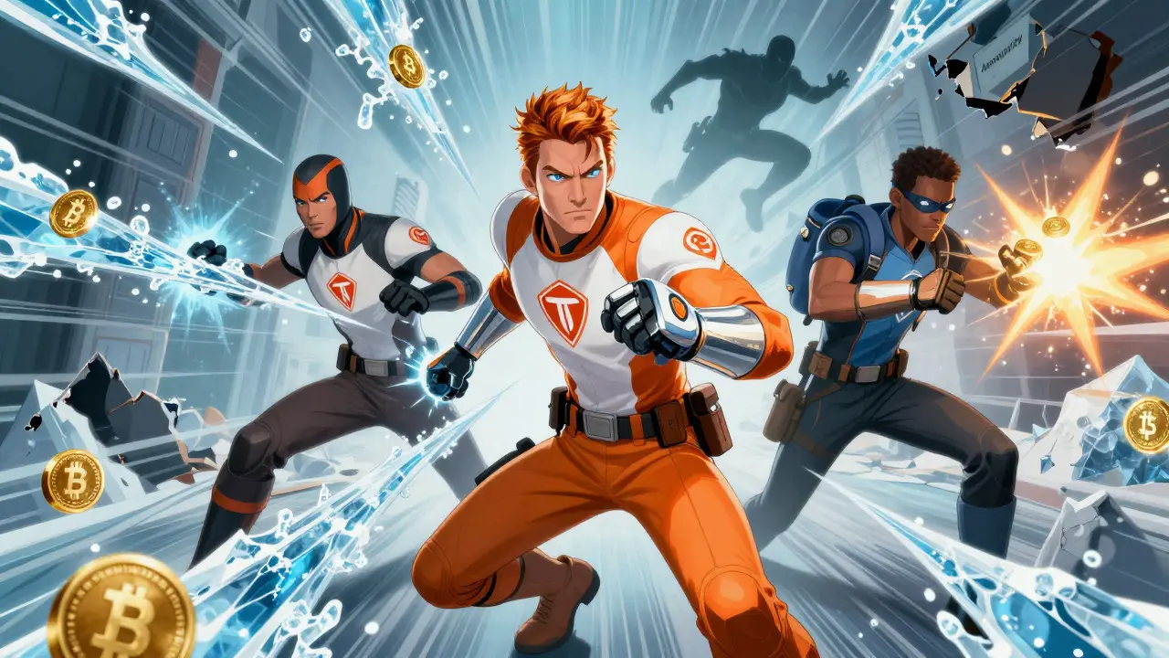 Heroes freezing illicit USDT flows on TRON blockchain in a dynamic comic action scene.