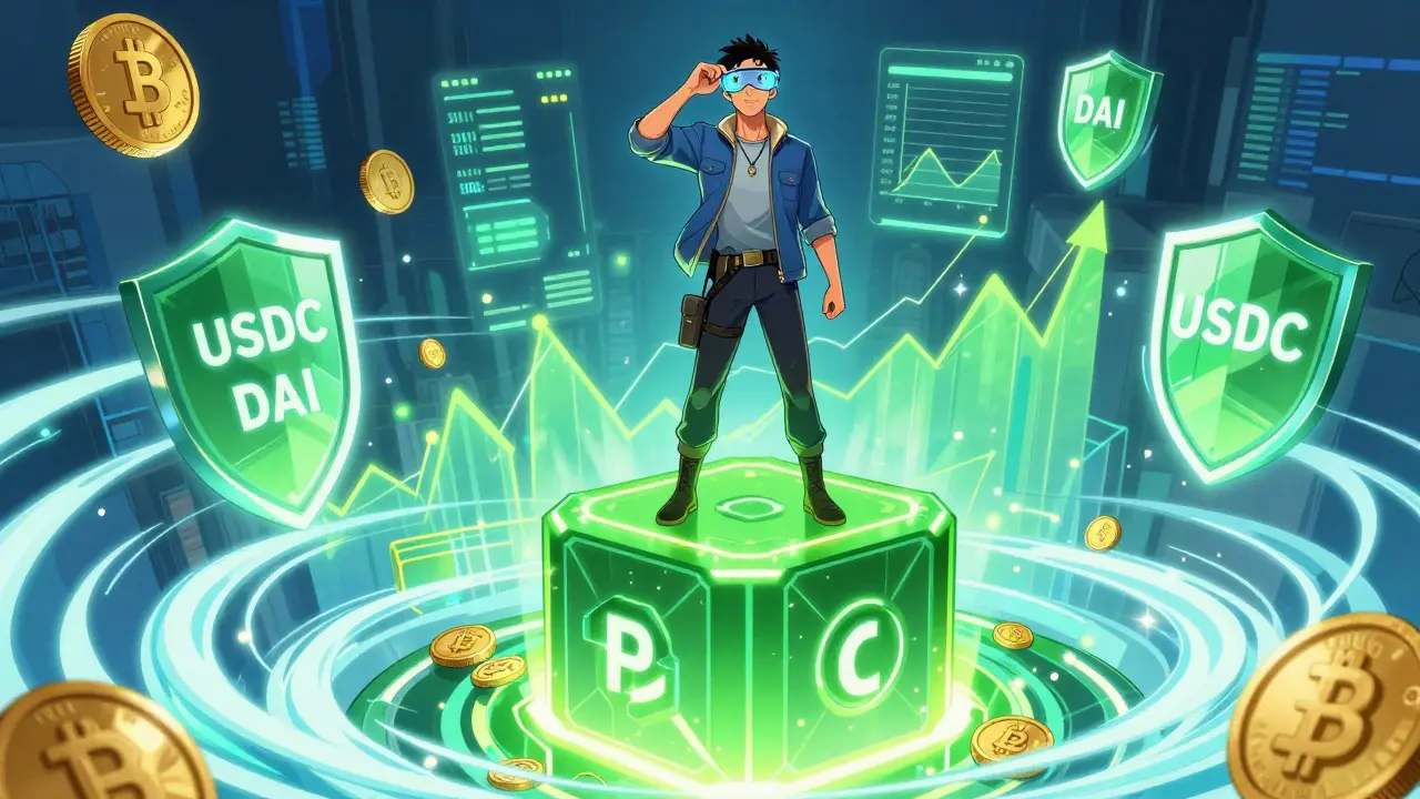 Heroic farmer on glowing blockchain structure depicting active PulseChain yield farming