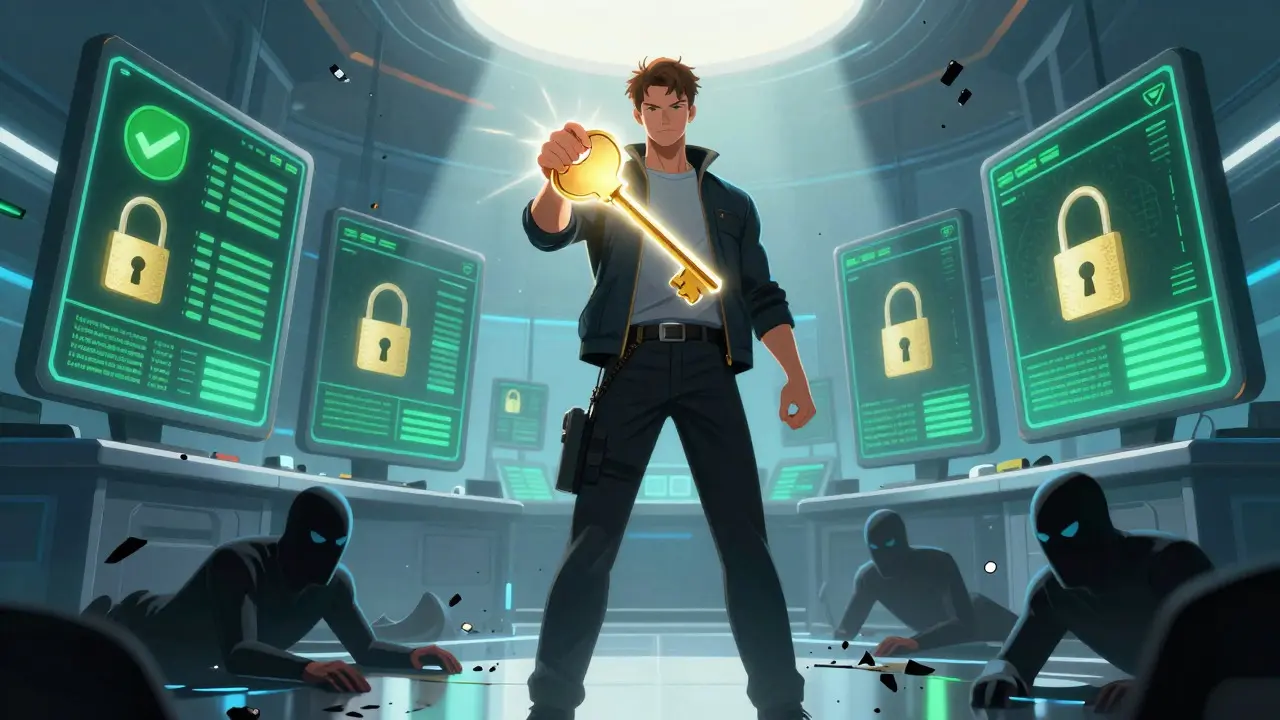 Heroic user holds glowing key, defeating phishing villains in cyber space