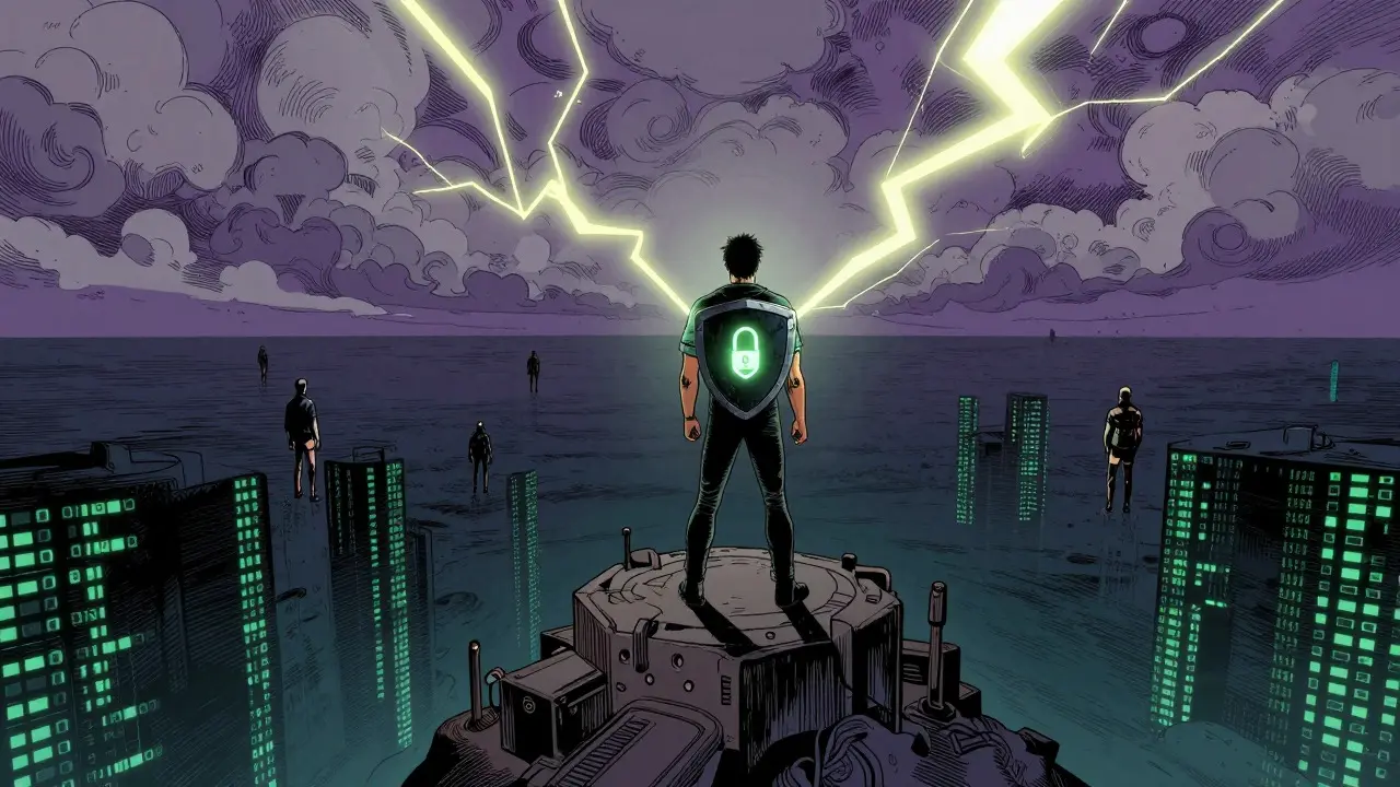 Lone figure holding a glowing shield on a tech island under a stormy comic sky