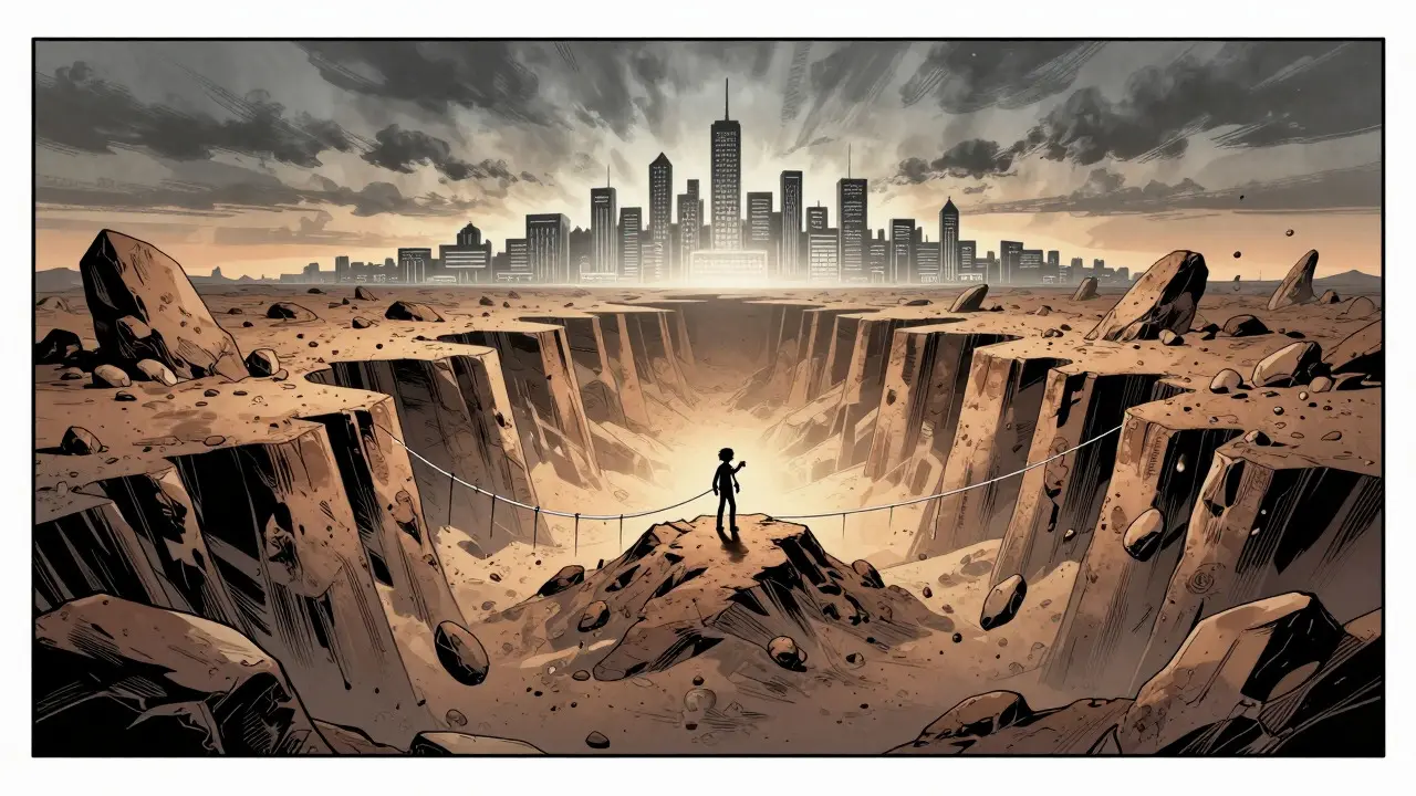 Lone trader on a tiny island in a vast void, depicting extreme illiquidity.