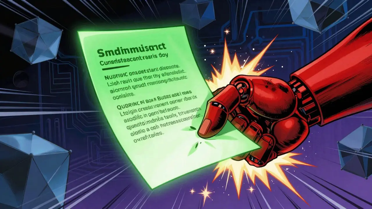 Menacing hand gripping a smart contract, symbolizing centralization risks in code.