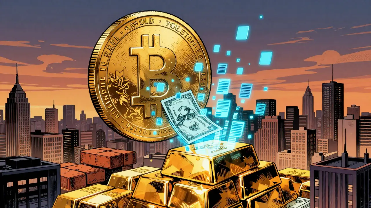 Physical assets transforming into digital tokens over a city