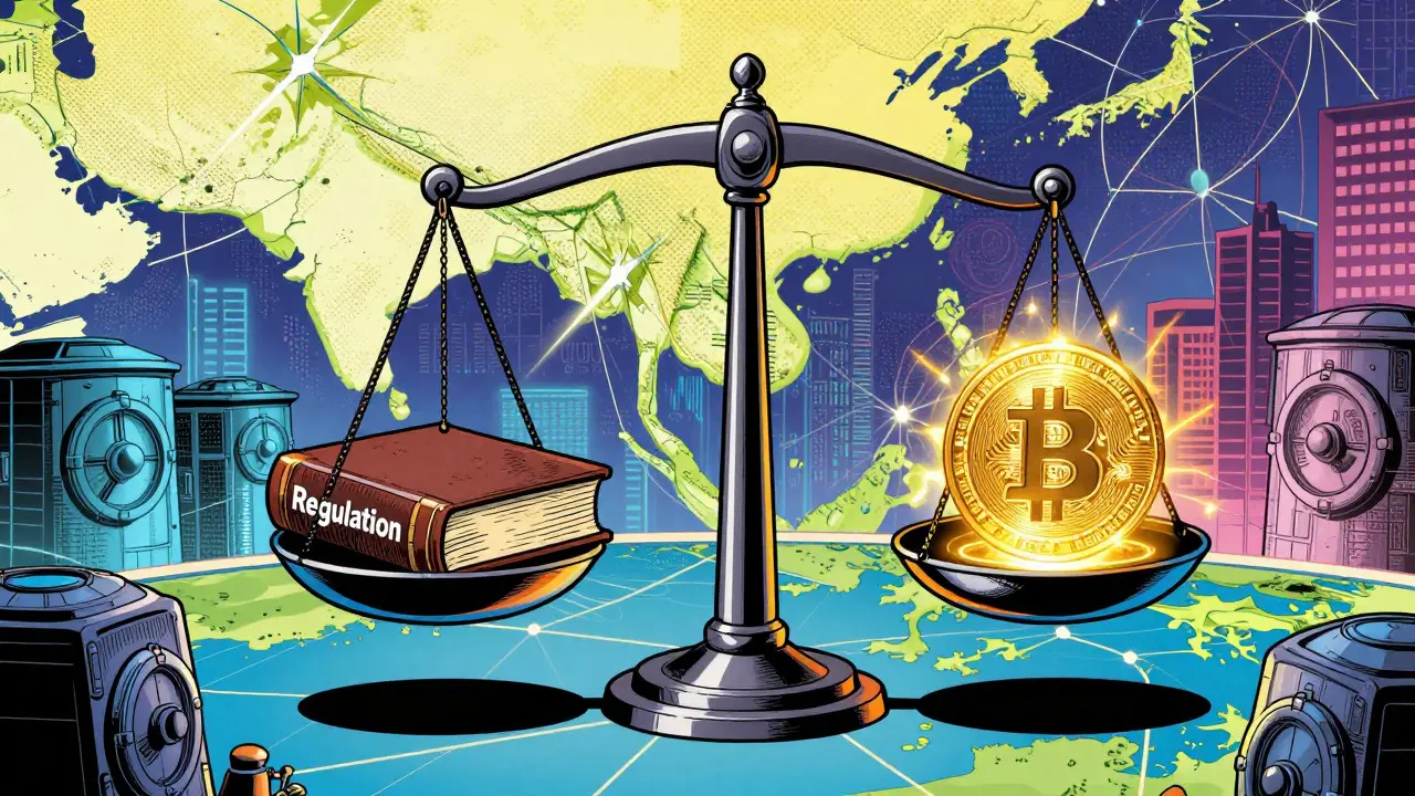 Scales balancing regulation and crypto assets over Vietnam map