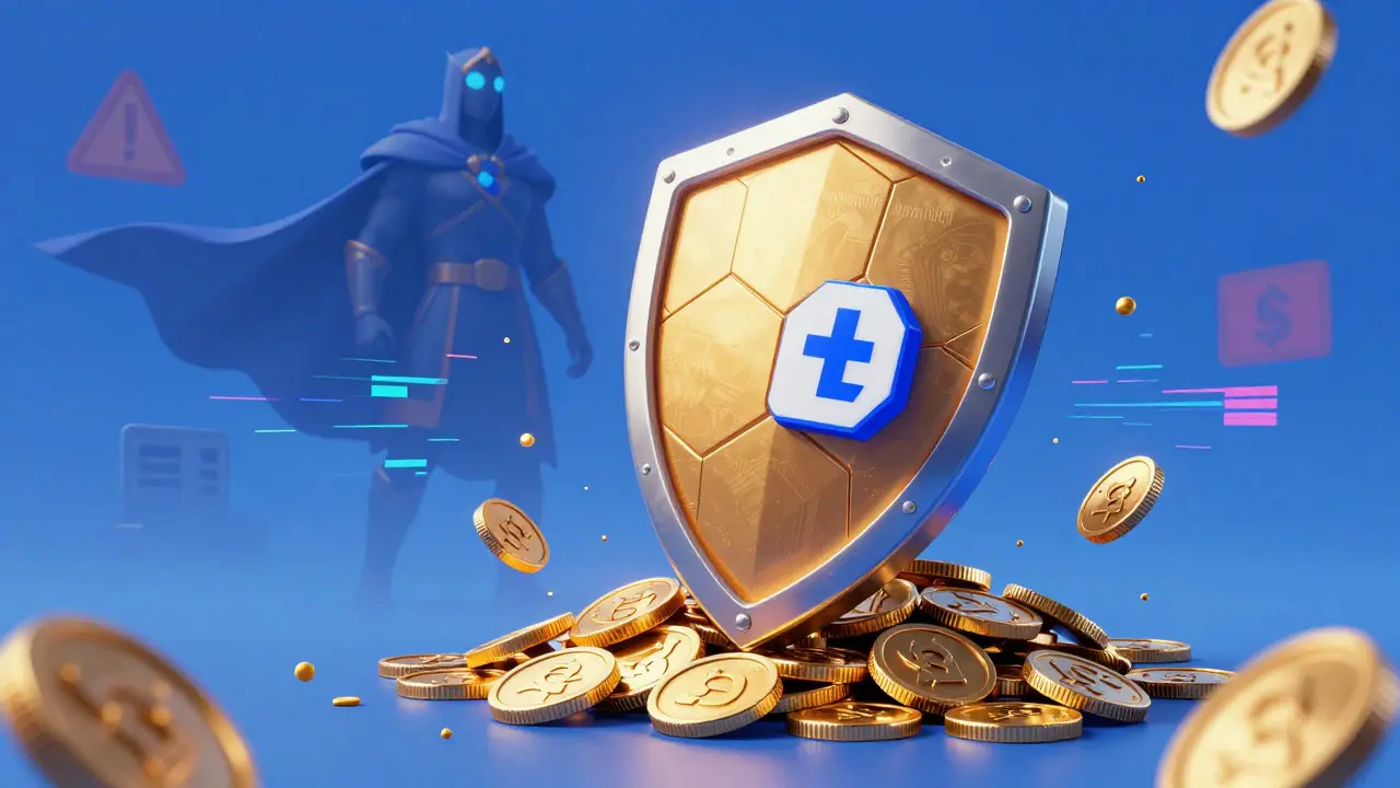 Shield protecting coins from digital glitches in comic book style