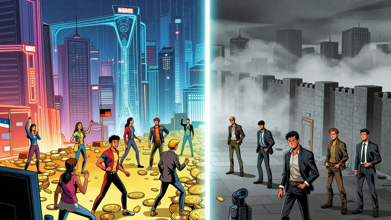 Split city comic illustration showing free crypto access vs restricted zones