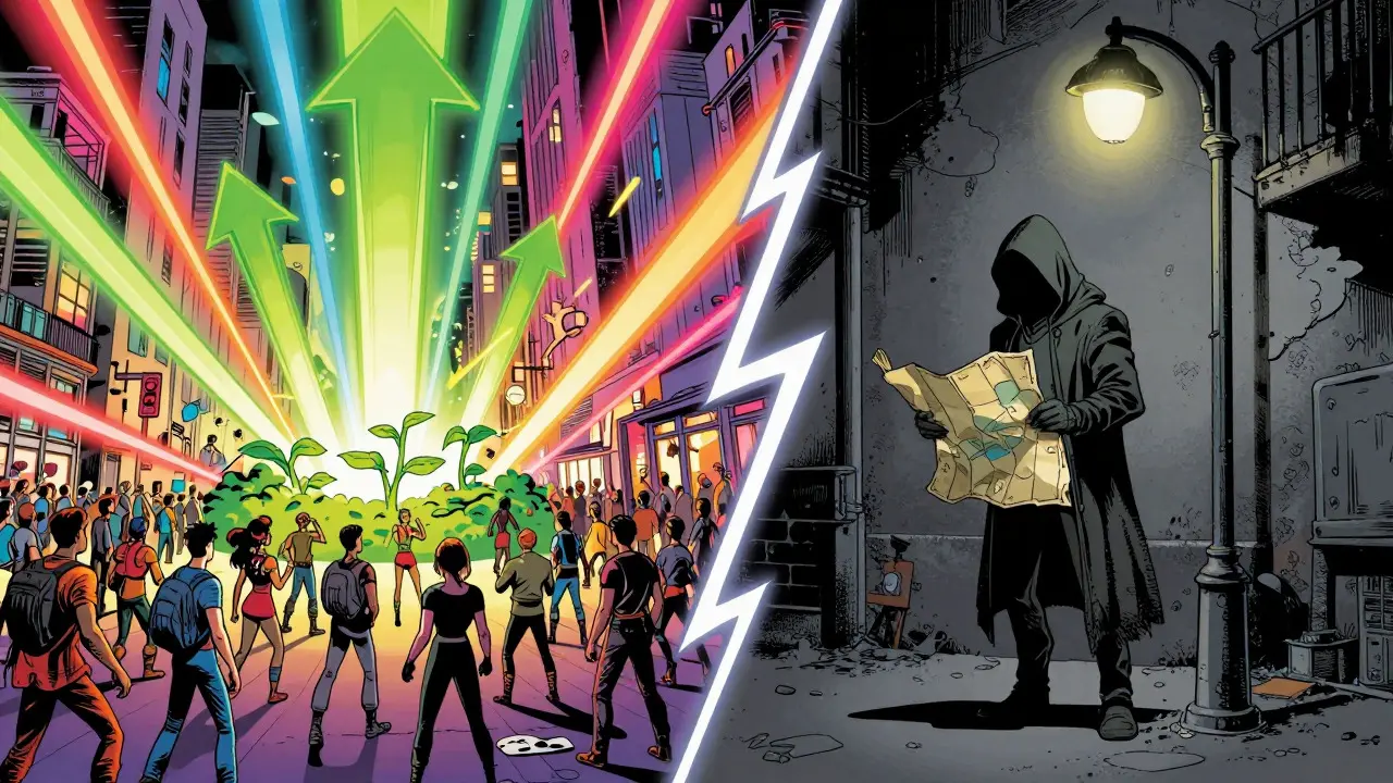 Split view of busy city vs lonely alley in Marvel comic style