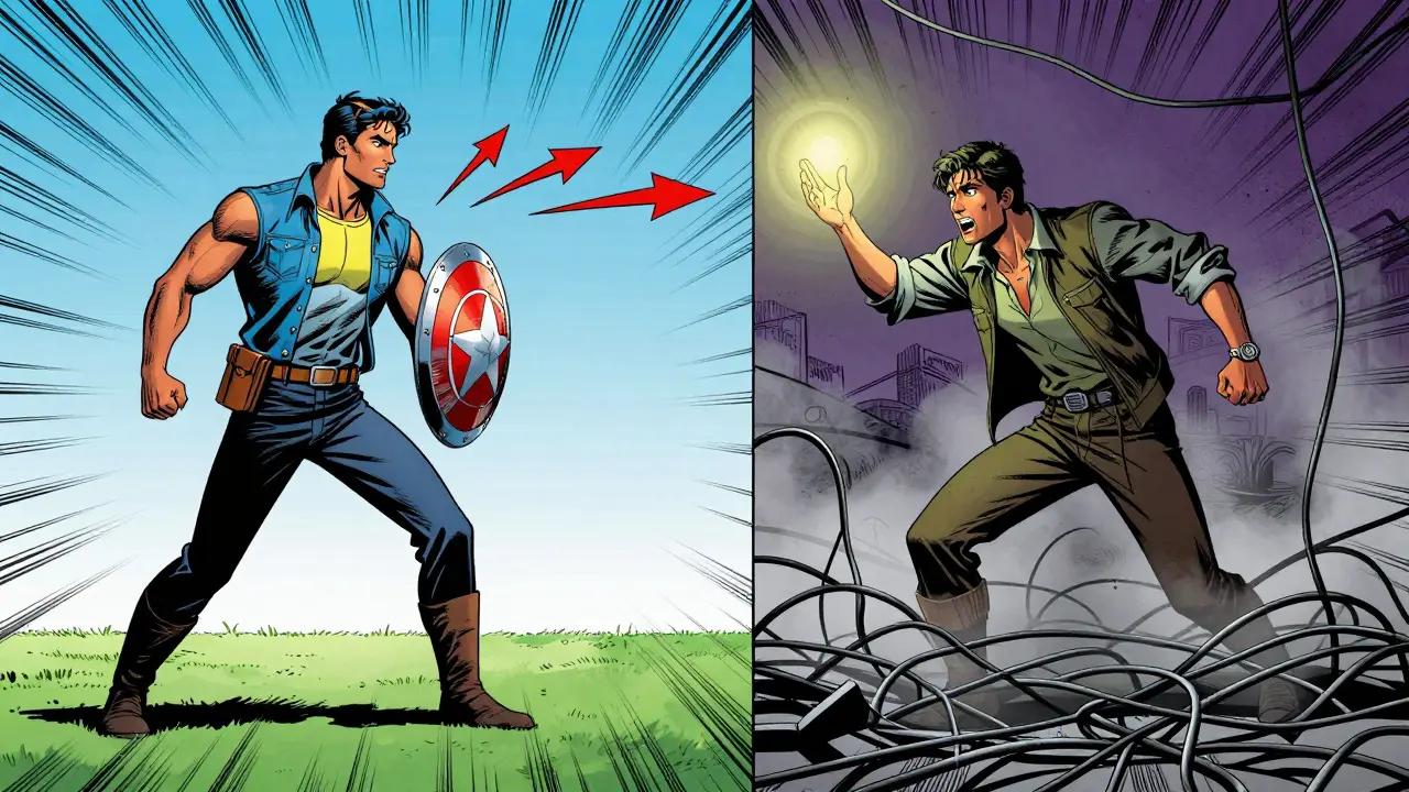 Split view of compliant vs risky trading paths in comic art