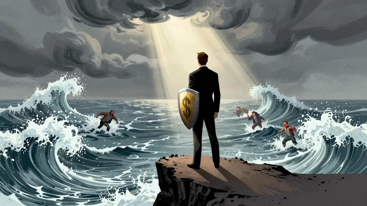 Stoic investor standing firm on a cliff during a stormy sea