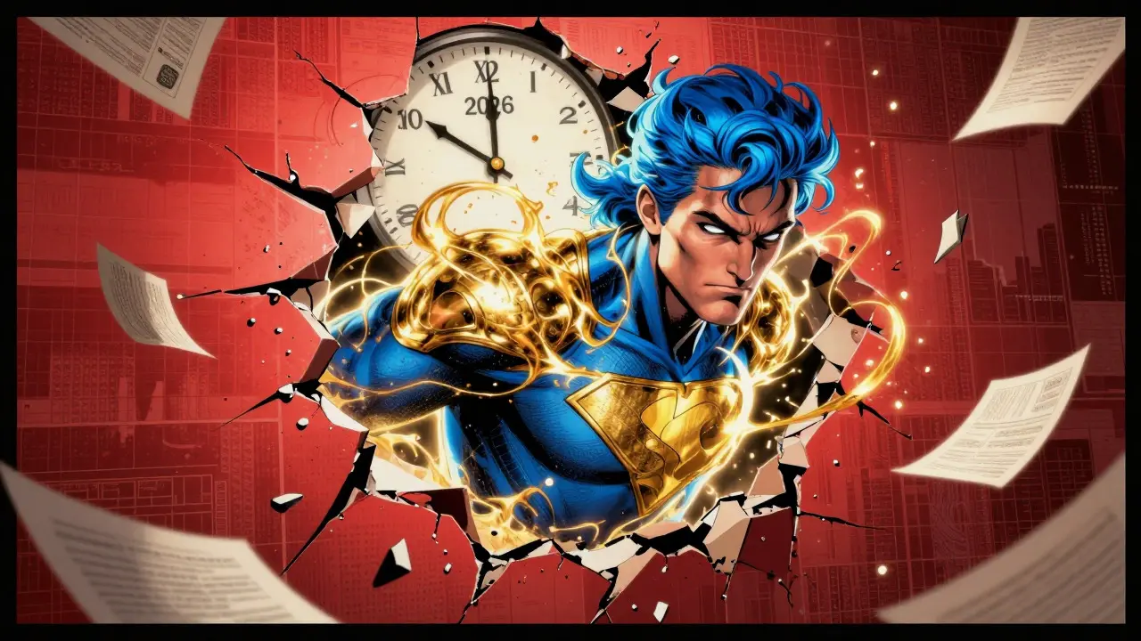 Superhero energy figure breaking through regulatory wall in comic book style