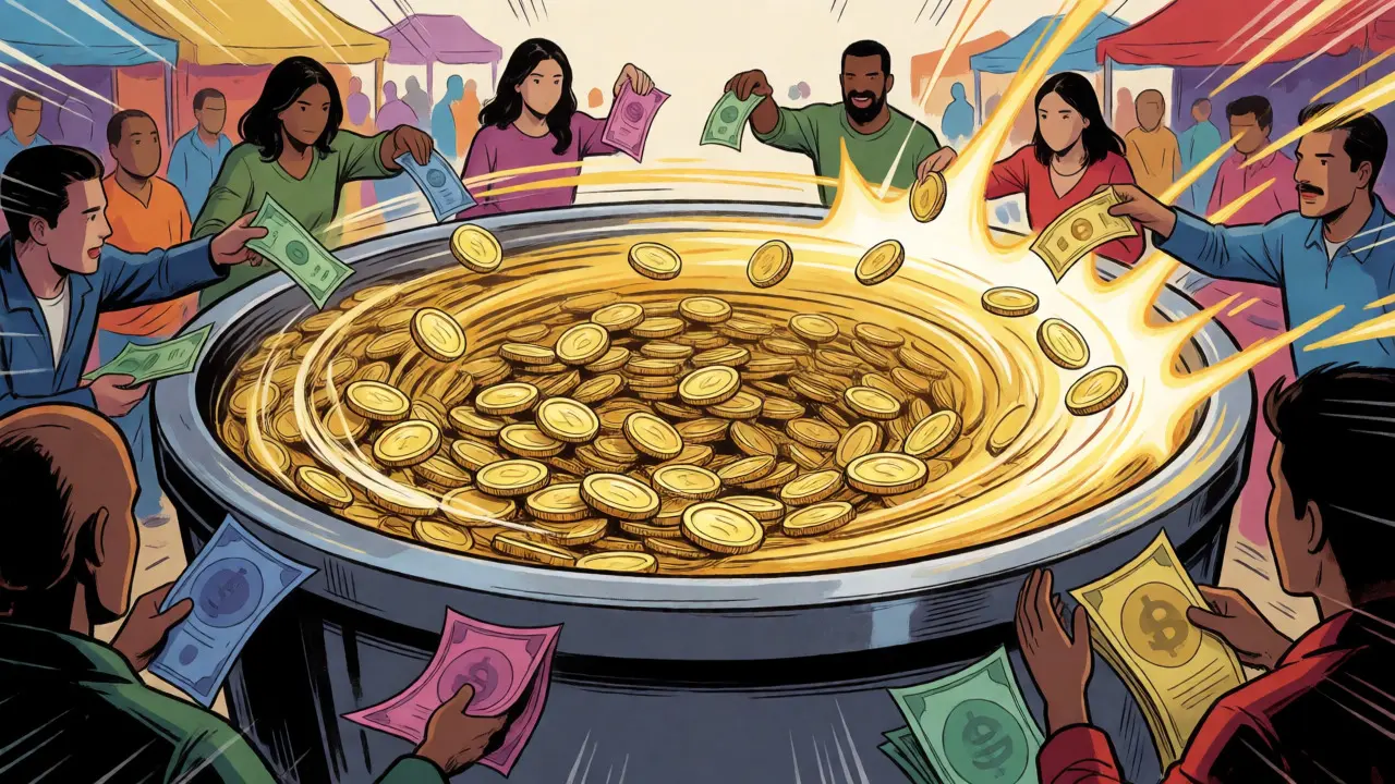 Swirling vortex of coins mixing funds in a stylized digital marketplace.