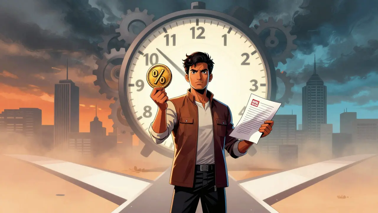 Trader facing tax burdens and future uncertainty in comic style