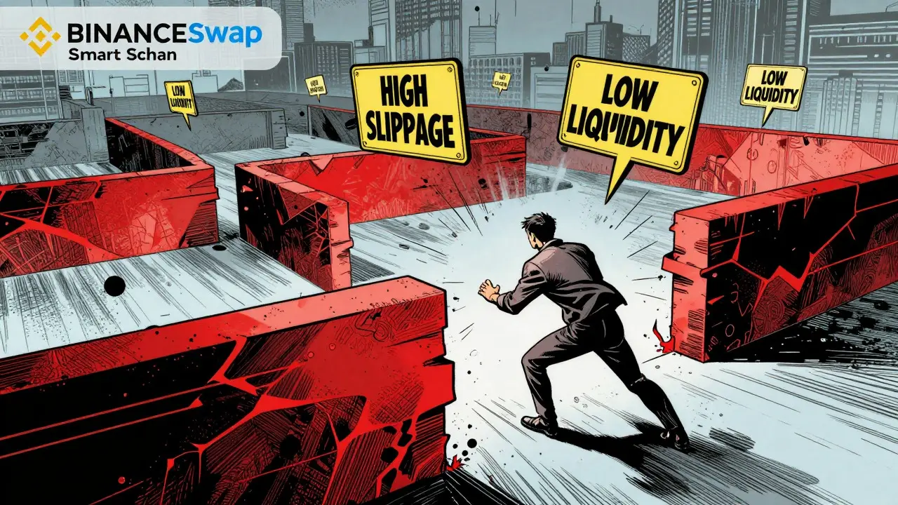 Trader struggling against glitchy barriers symbolizing low liquidity on BSC SparkSwap