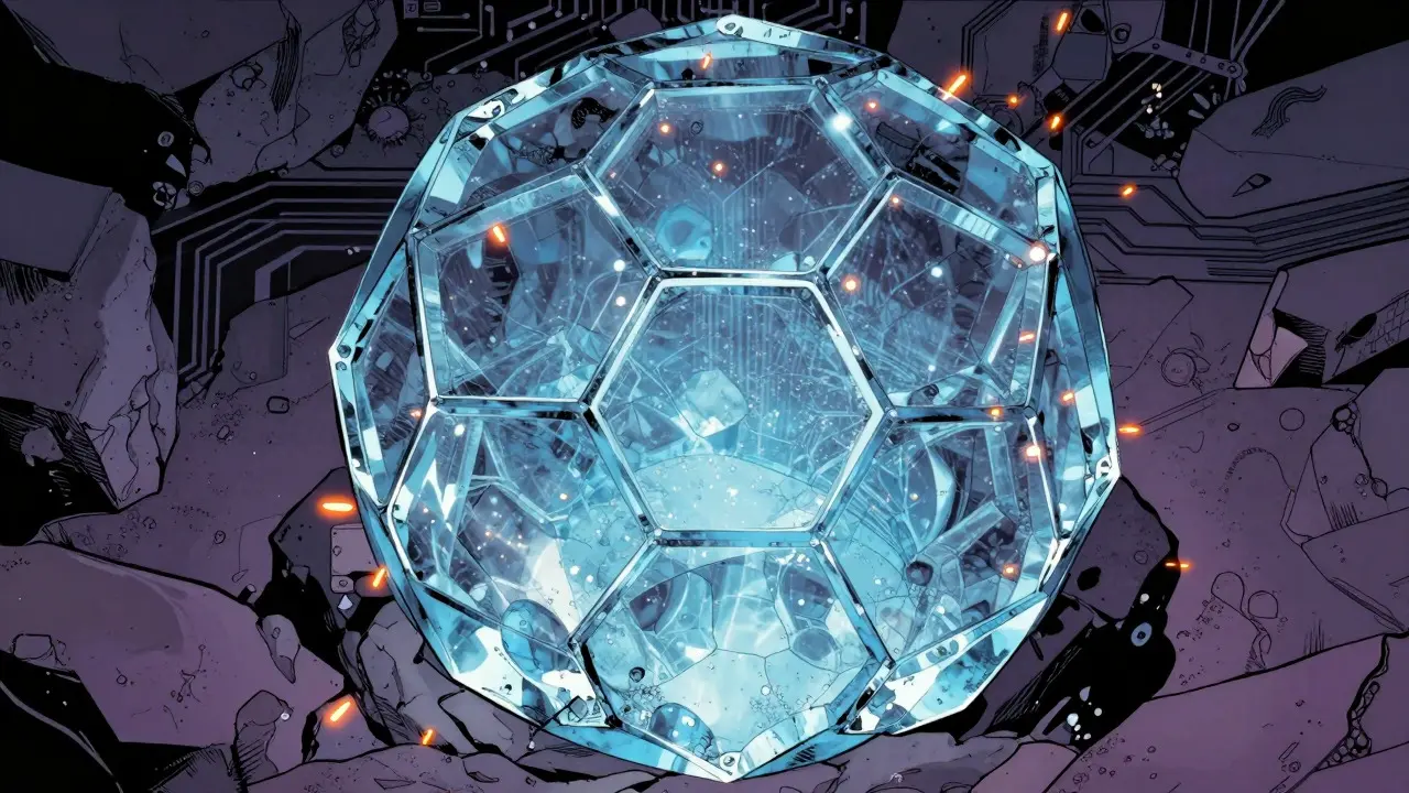Translucent crystal structure containing thousands of tiny glowing dots on a circuit rock