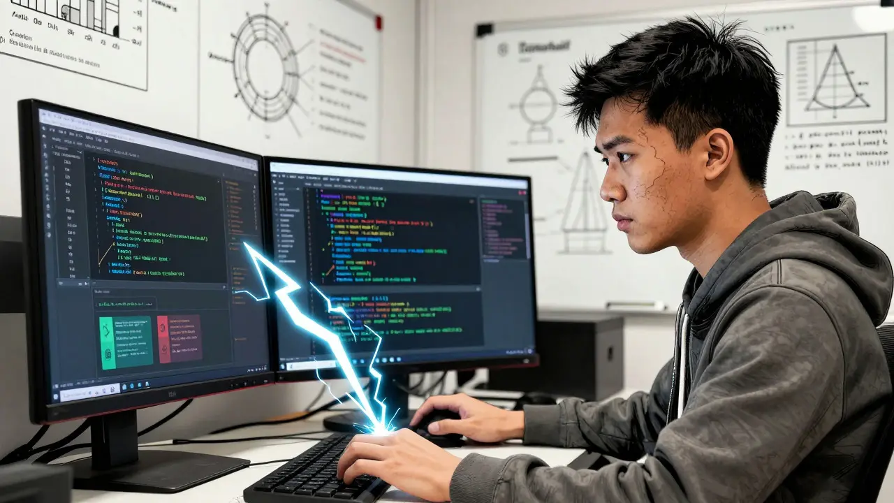 Young developer coding blockchain infrastructure in a dark room