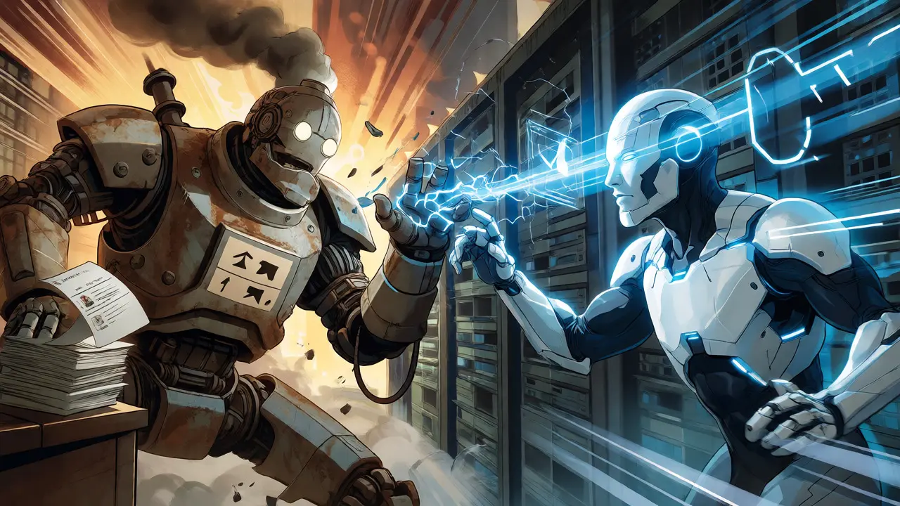 A battle between a rusty legacy robot and a fast futuristic AI android verifying identities.