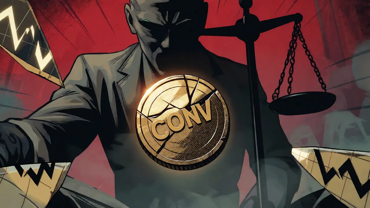 A cracked CONV token with dark shadows illustrating market risk and volatility.