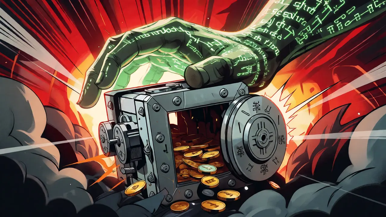 A dramatic comic panel showing a giant code hand crushing a DeFi vault during an exploit.