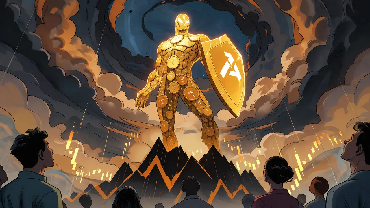 A golden token-figure representing LAY economics standing above volatile market charts.