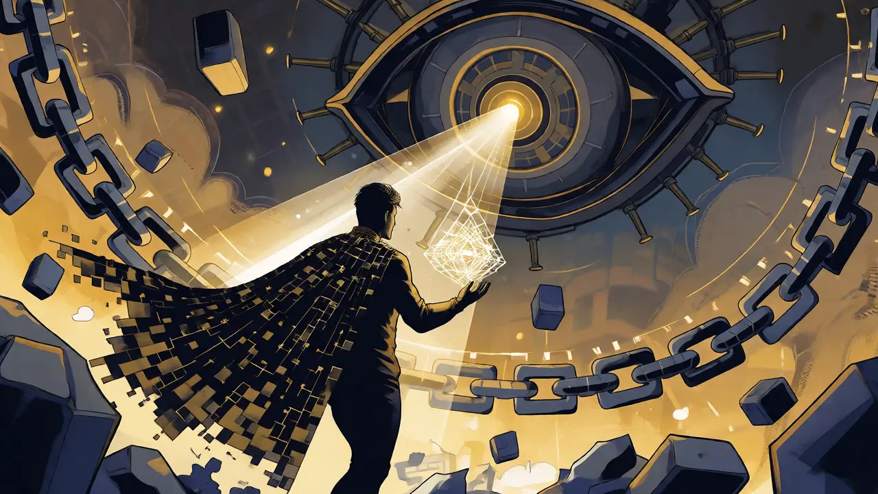 A hero using a glowing prism to control identity data visibility against a surveillance drone.