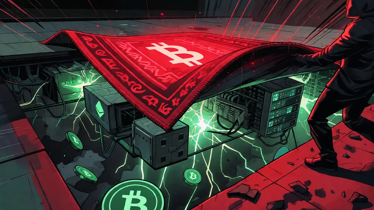 A rug pulled from under a chaotic crypto trading floor revealing broken servers
