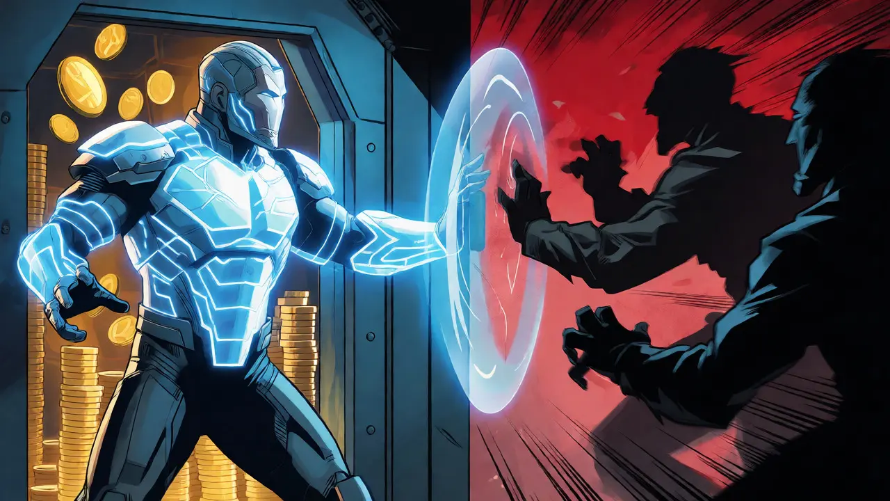 Armored guardian protecting digital assets from shadowy security threats