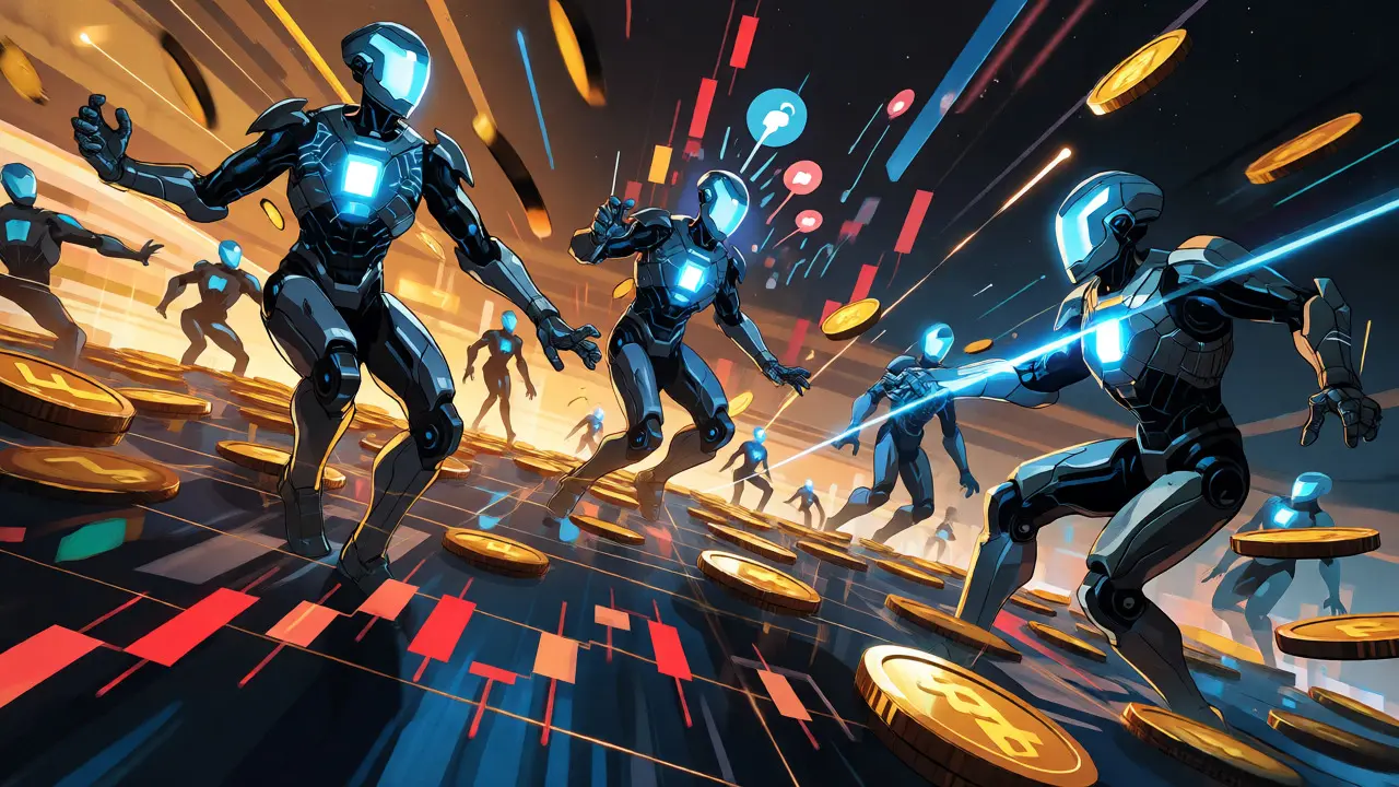Autonomous AI agents executing trades on a stylized blockchain network in comic book style.