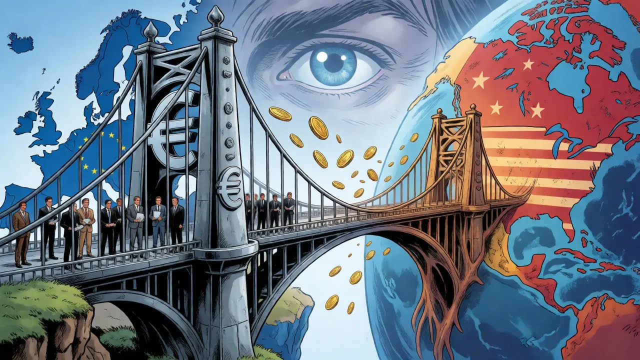 Bridge connecting European and American crypto regulations under watchful eyes.