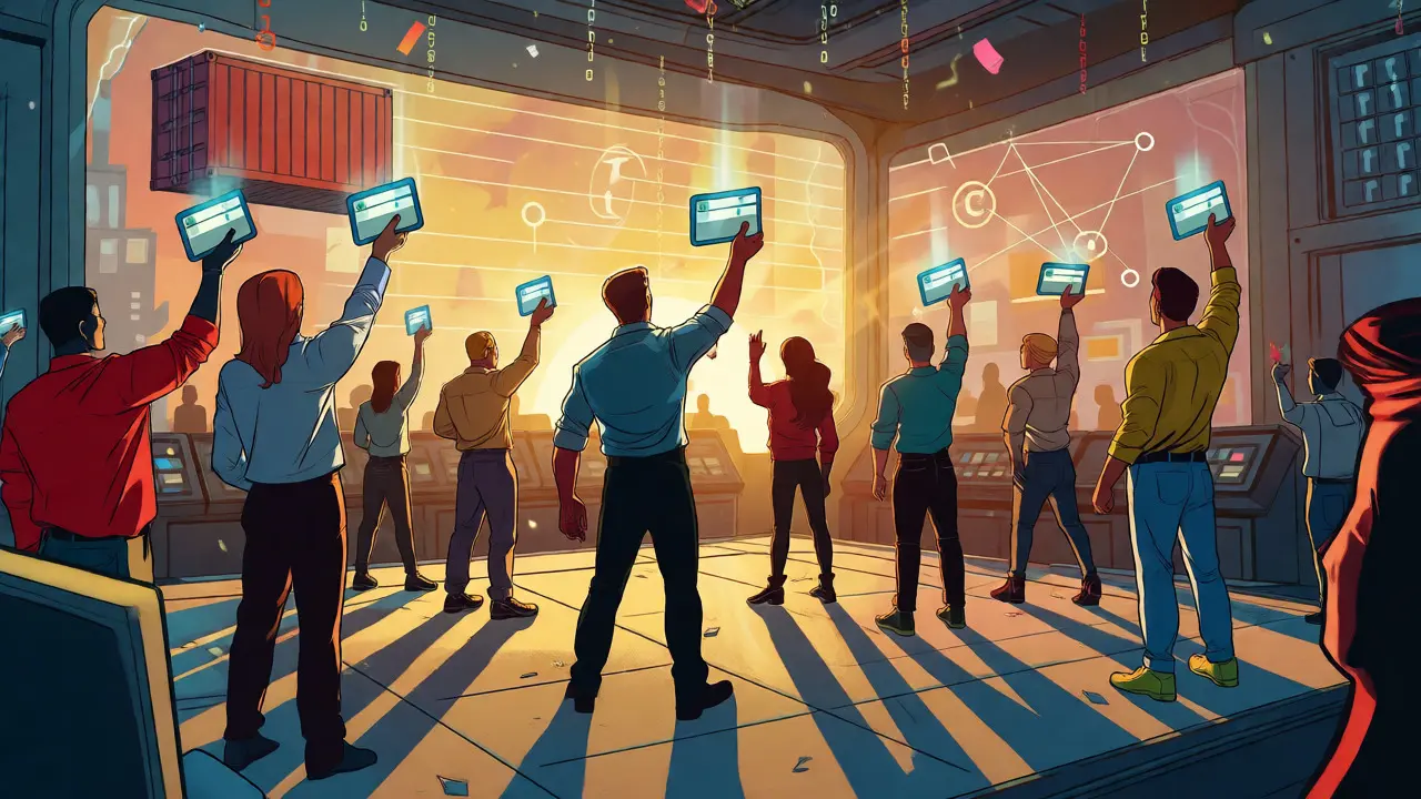 Community celebrating on a decentralized exchange with token rewards