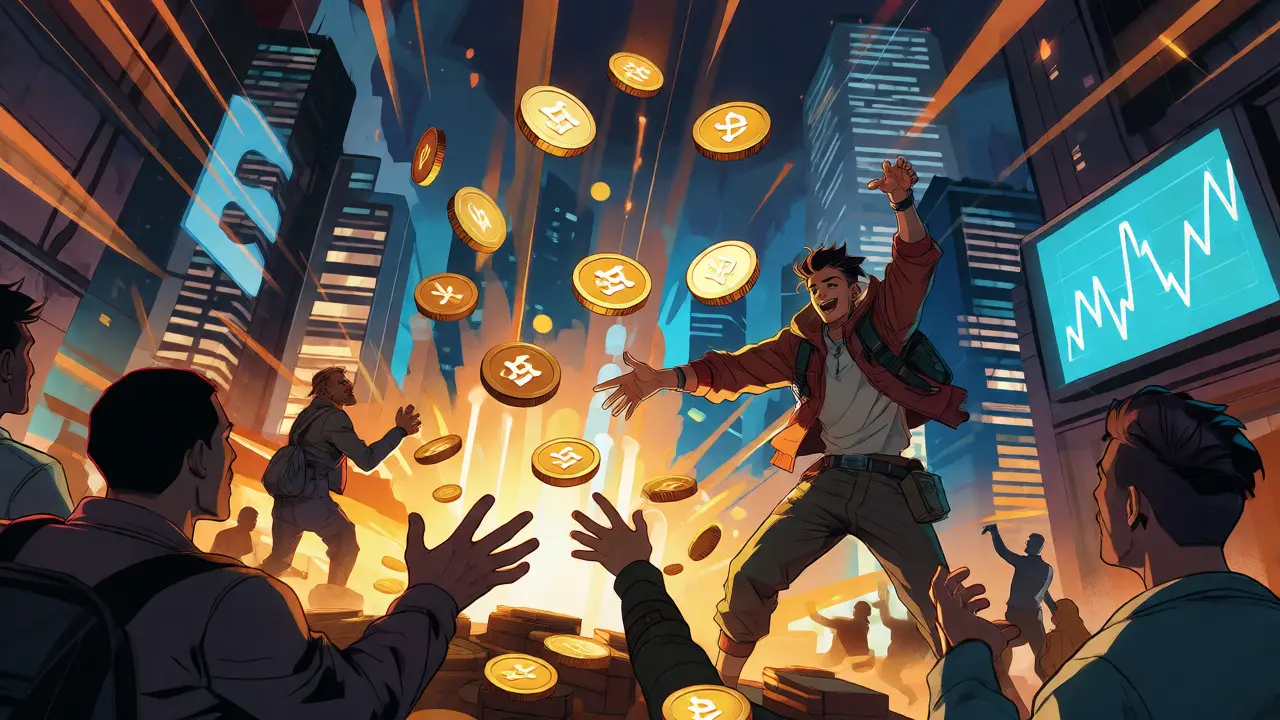 Crowd catching falling golden tokens in a cyberpunk city.
