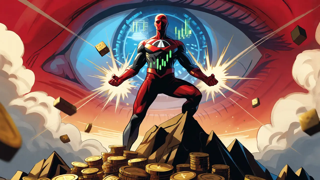 Crypto hero on coin mountain with digital eye