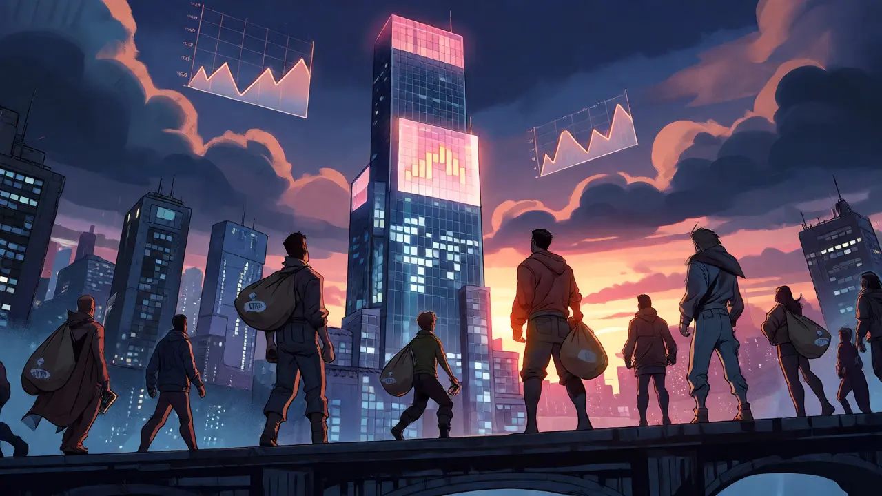 Cyberpunk cityscape featuring the Aperture Finance tower surrounded by community members holding tokens.