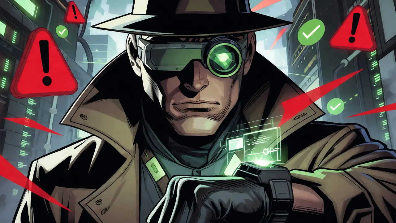 Detective verifying crypto contracts with holographic warnings and checks