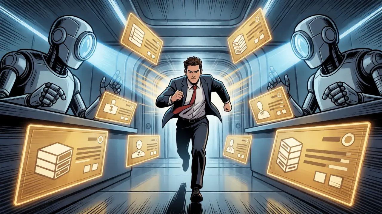 Entrepreneur undergoing rigorous BaFin licensing inspection in a tech corridor