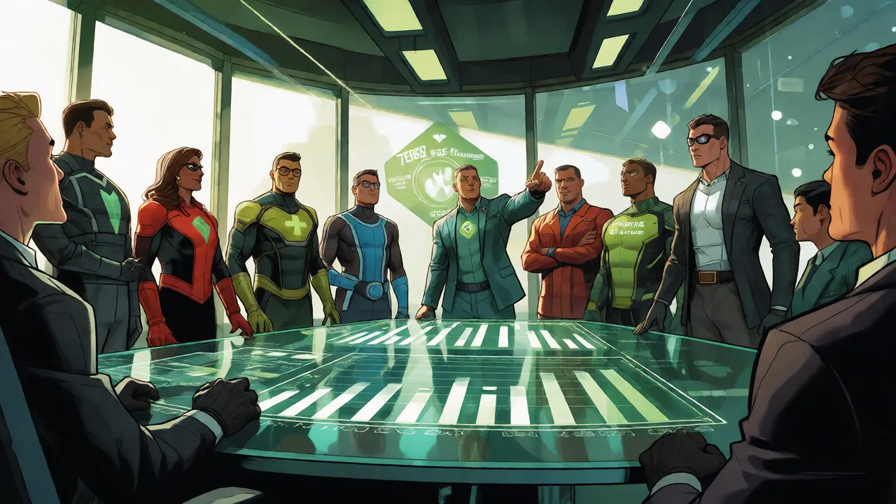 Entrepreneurial team strategizing revenue models in futuristic boardroom