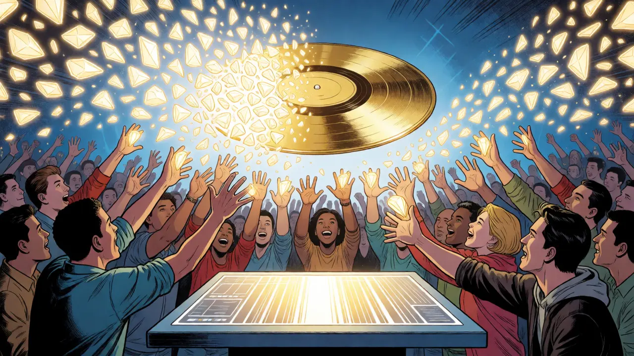 Fans catching golden shards of fractional song ownership in a crowd