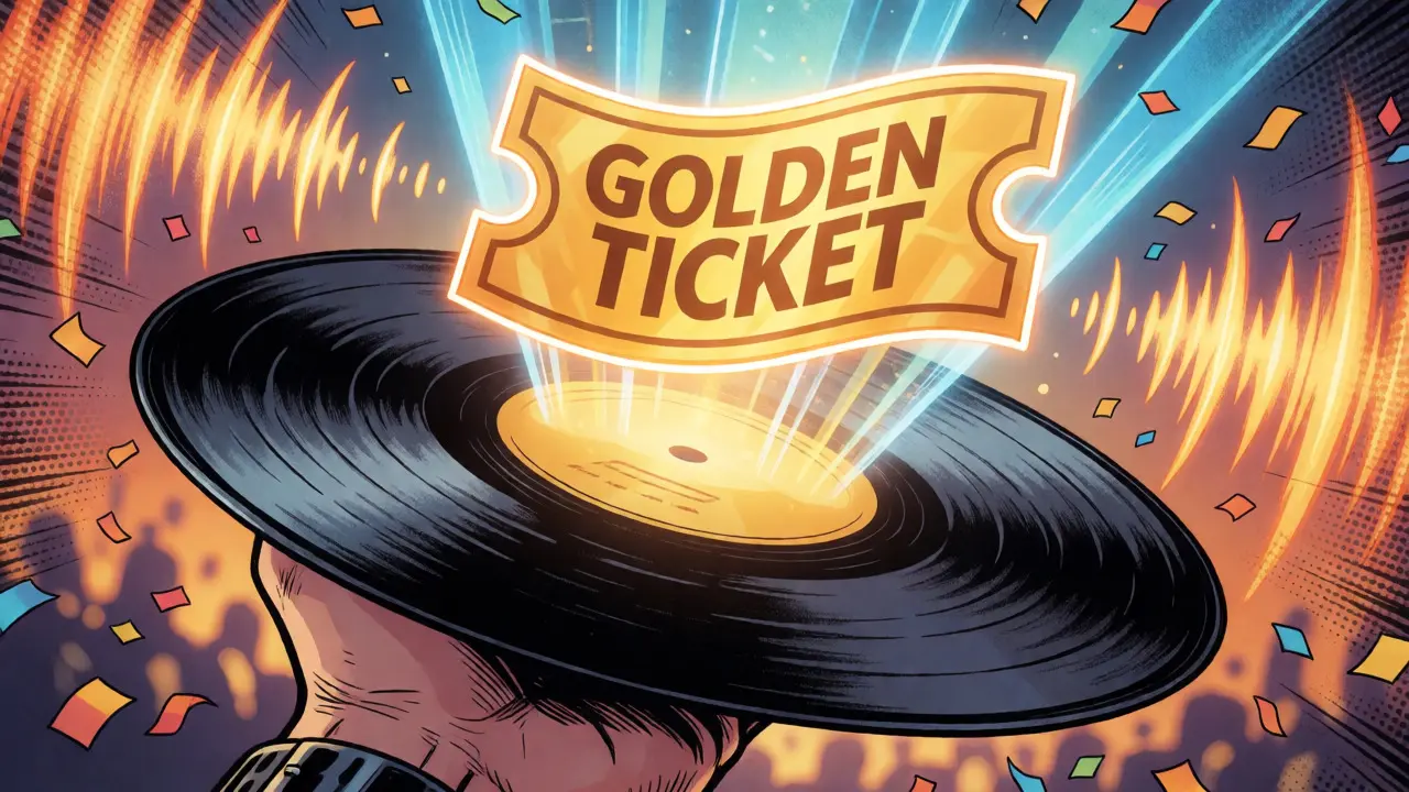 Hand holding vinyl record projecting a holographic golden ticket