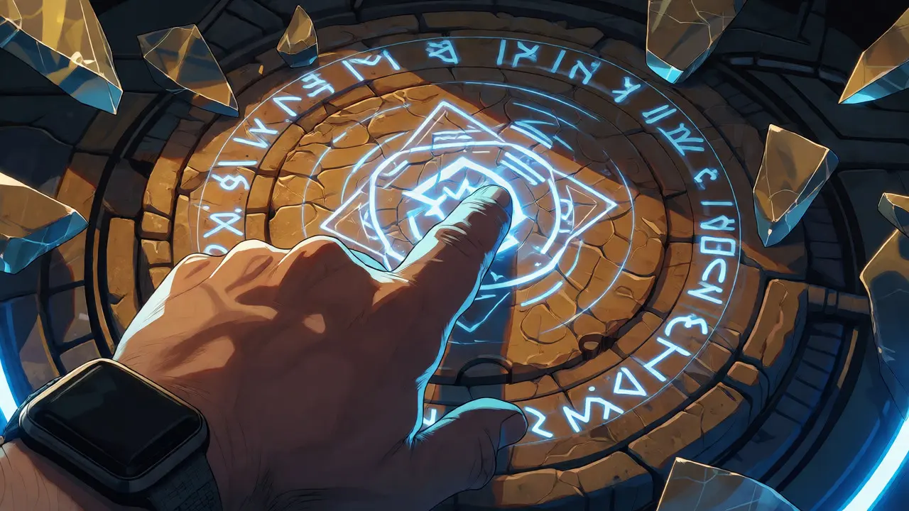 Hand touching a holographic runic stone blending tech and fantasy elements.