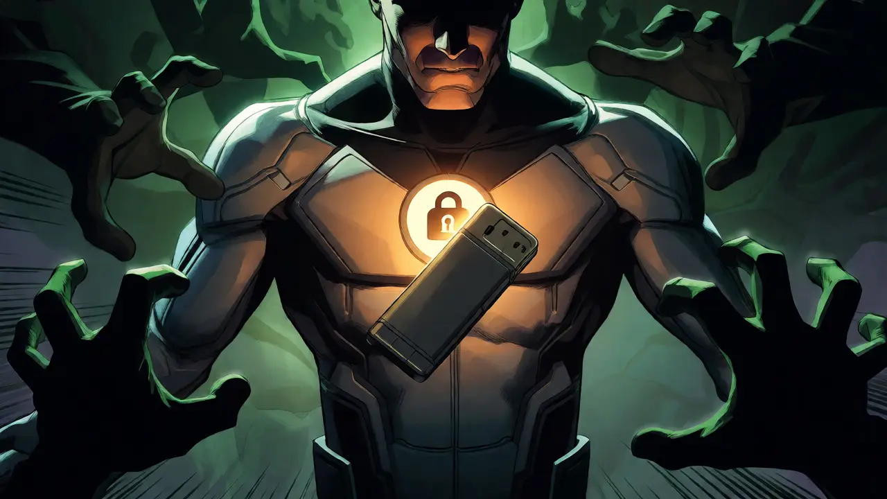 Hero protecting a hardware wallet from shadowy scam hands in comic style