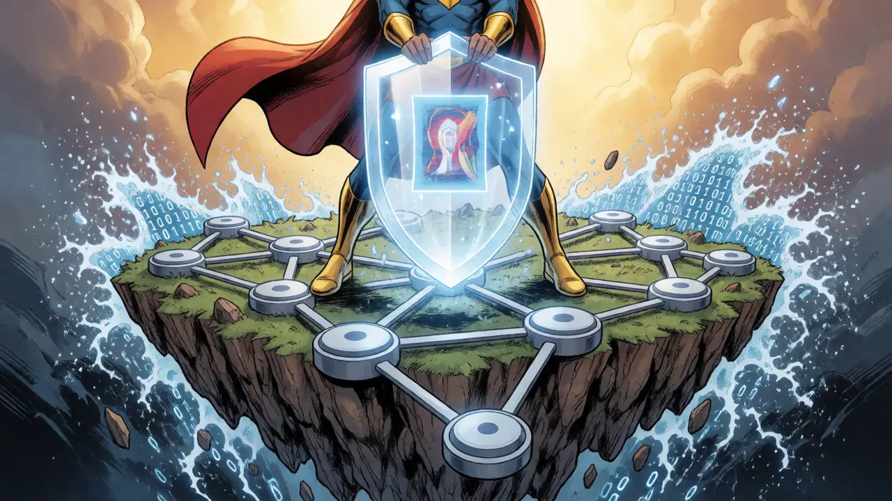 Heroic figure protecting holographic art on an IPFS node island