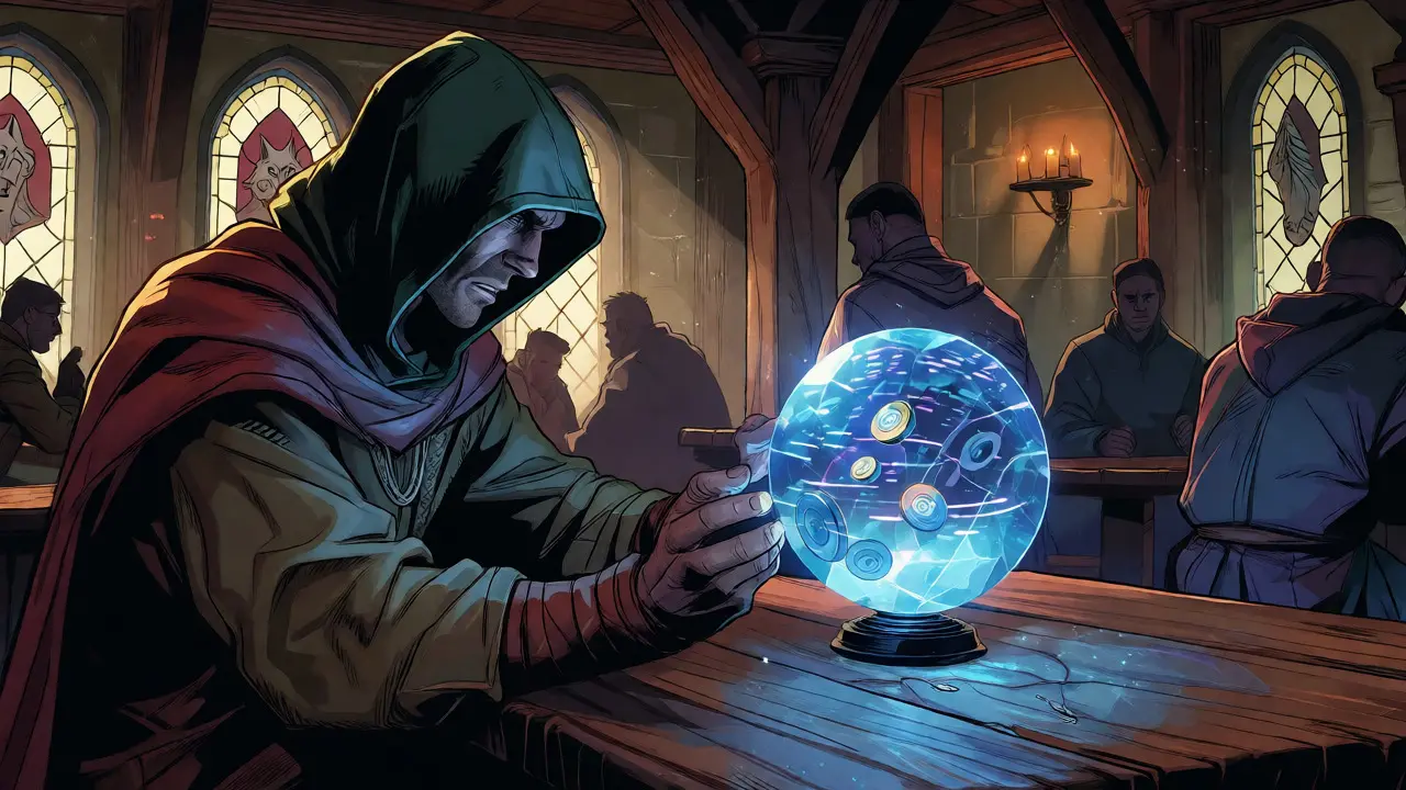 Hooded figure inspecting a glowing crystal orb in a dim fantasy tavern.