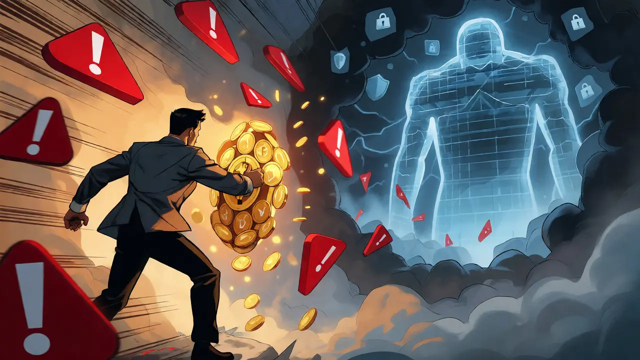 Investor shielding crypto assets from red warning flags and rug pull threats.