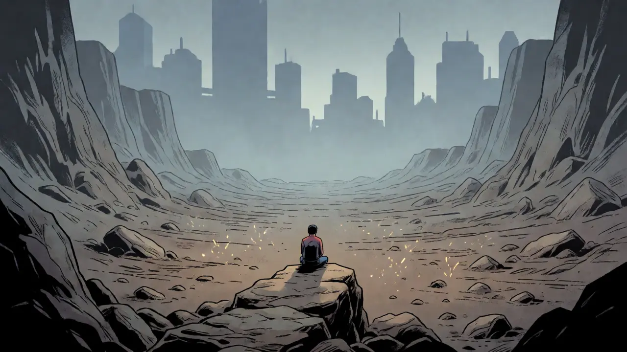 Lone figure on a cliff overlooking a quiet, low-volume digital landscape