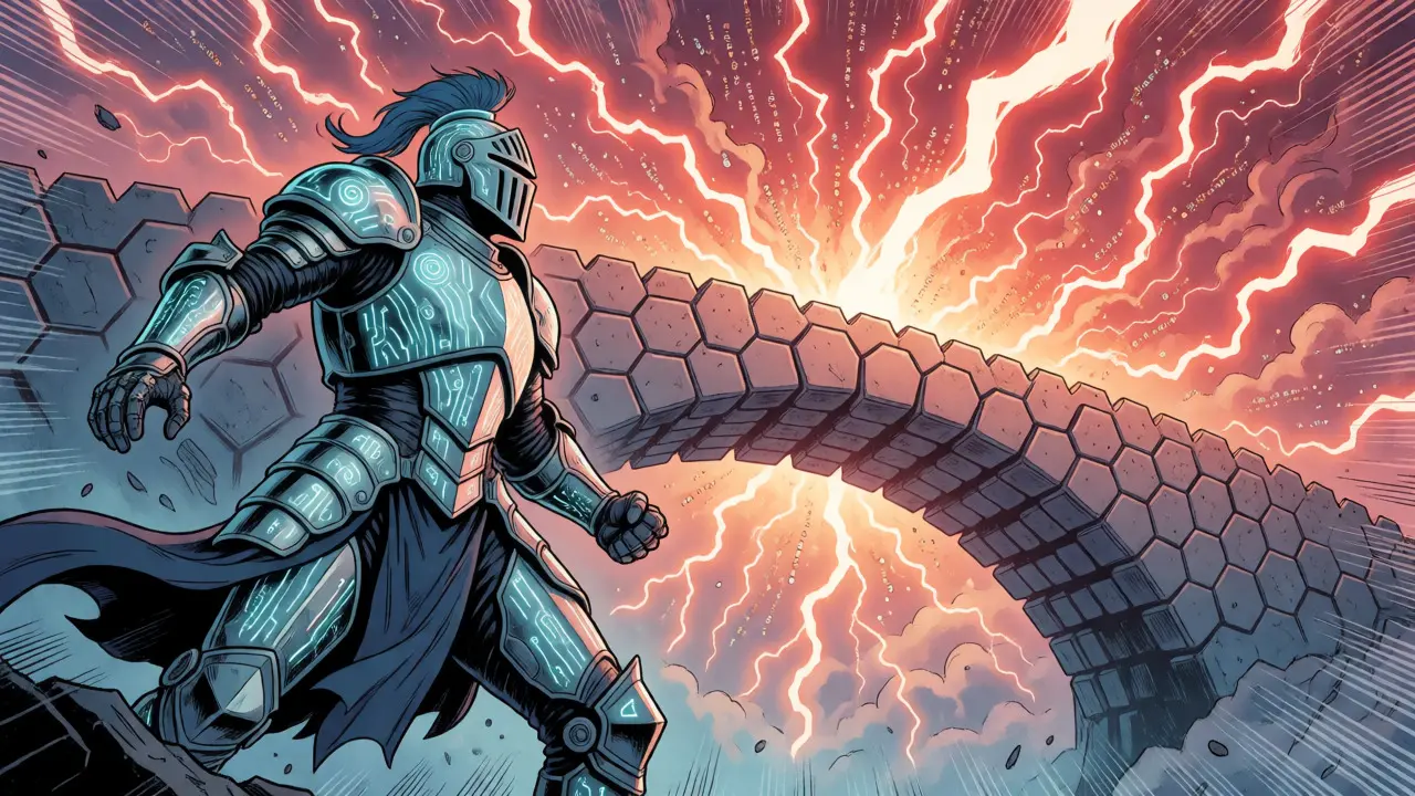 Marvel-style hero protecting assets from market risks using secure validator bridges and smart contracts.