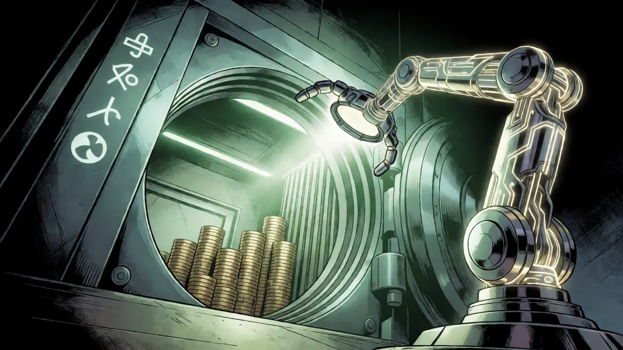 Robotic arm sealing a vault to visualize buy-and-burn tokenomics